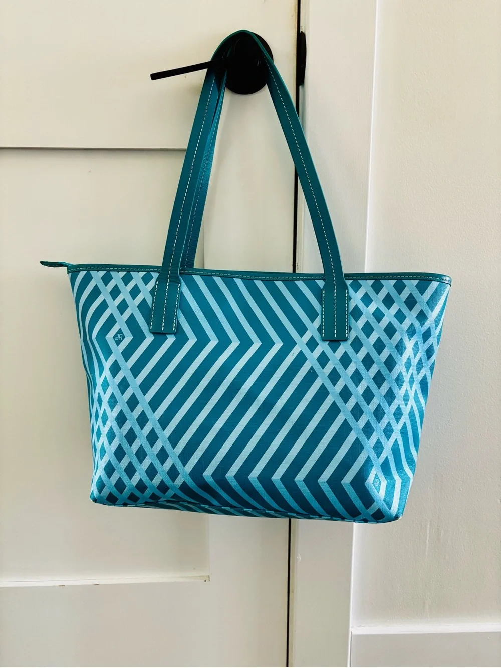 Jonathan Adler Teal Geometric Print Zip Top Tote Shoulder Bag